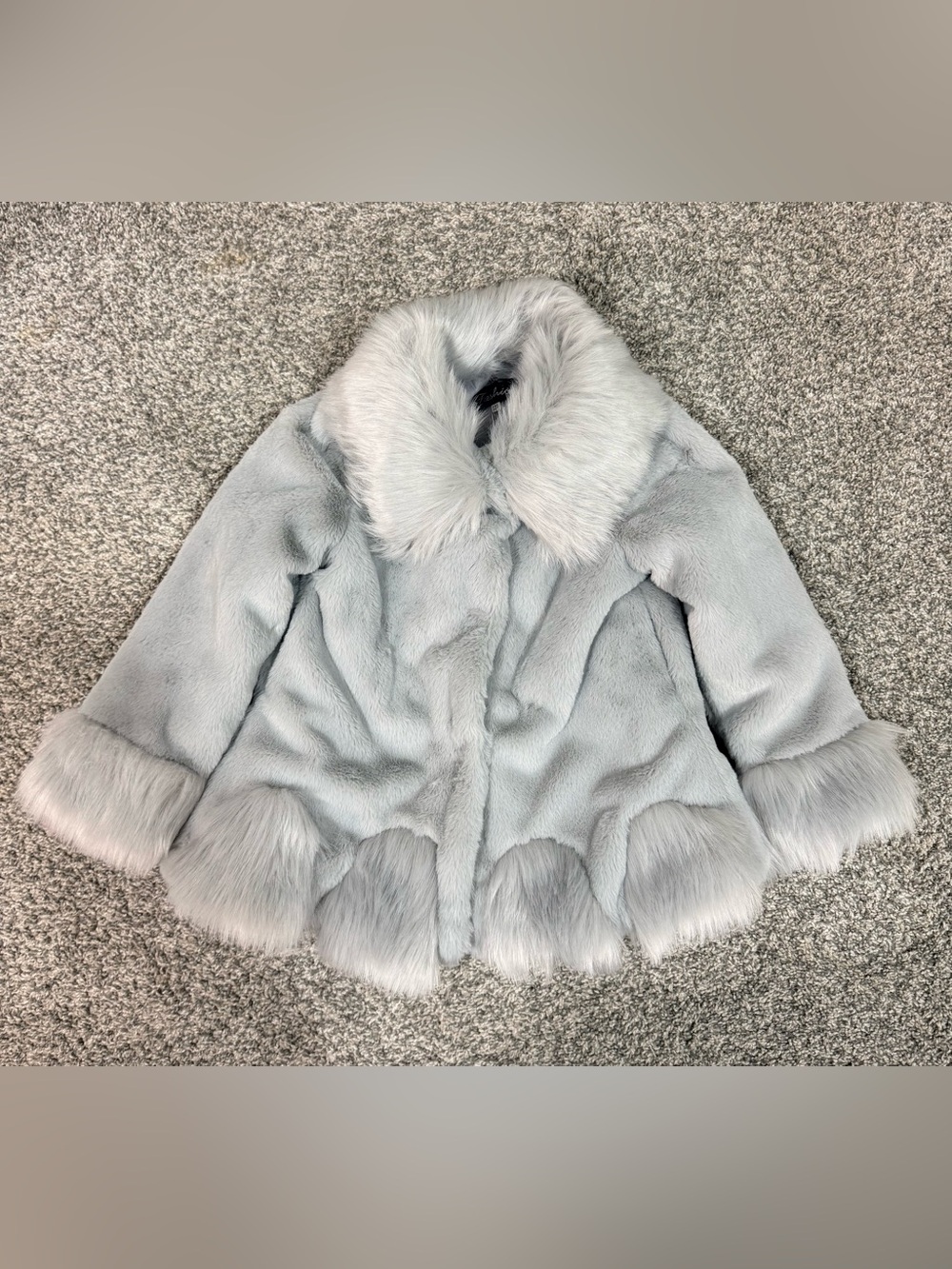 Light Gray Faux Fur Jacket with Fluffy Trim 
NWOT